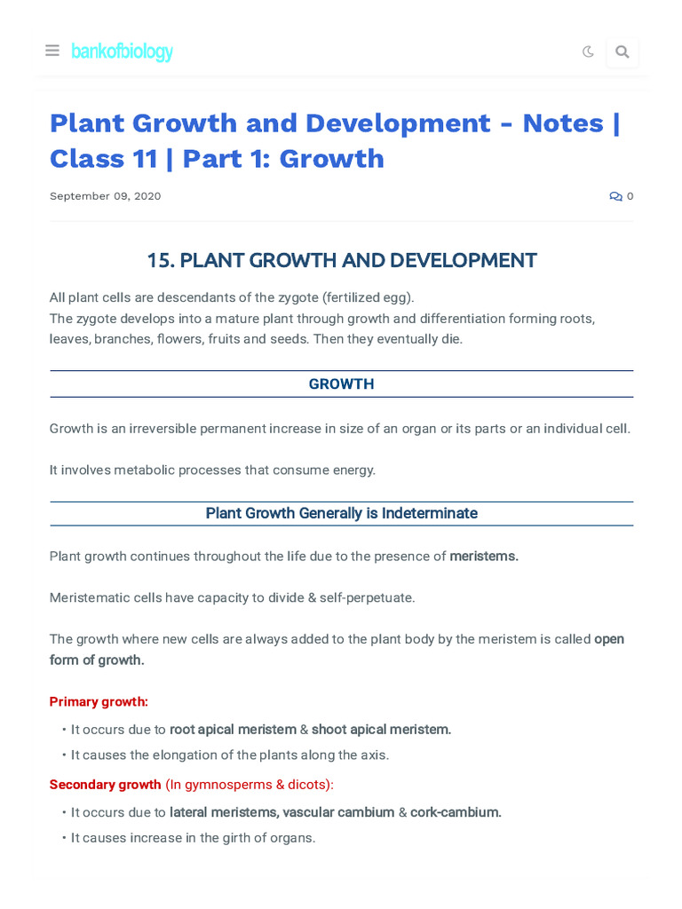 Plant Growth and Development - Notes - Class 11 - Part 1 - Growth | PDF ...