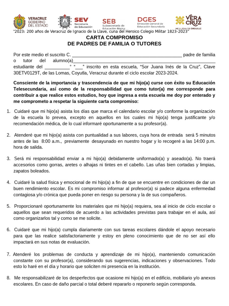 Carta Compromiso de Padres de Familia o Tutores | PDF | Escuelas