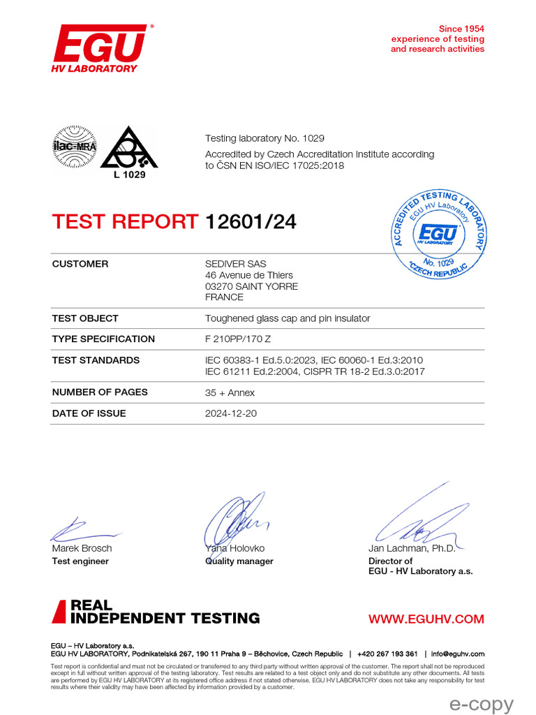 Sediver SAS Insulator Test Report | PDF | Insulator (Electricity ...