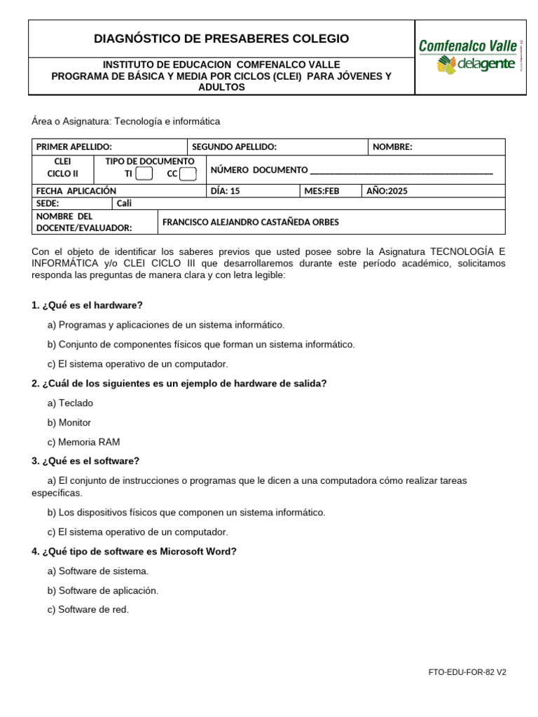 Diagnóstico de Saberes en Tecnología | PDF | Hardware de la computadora ...