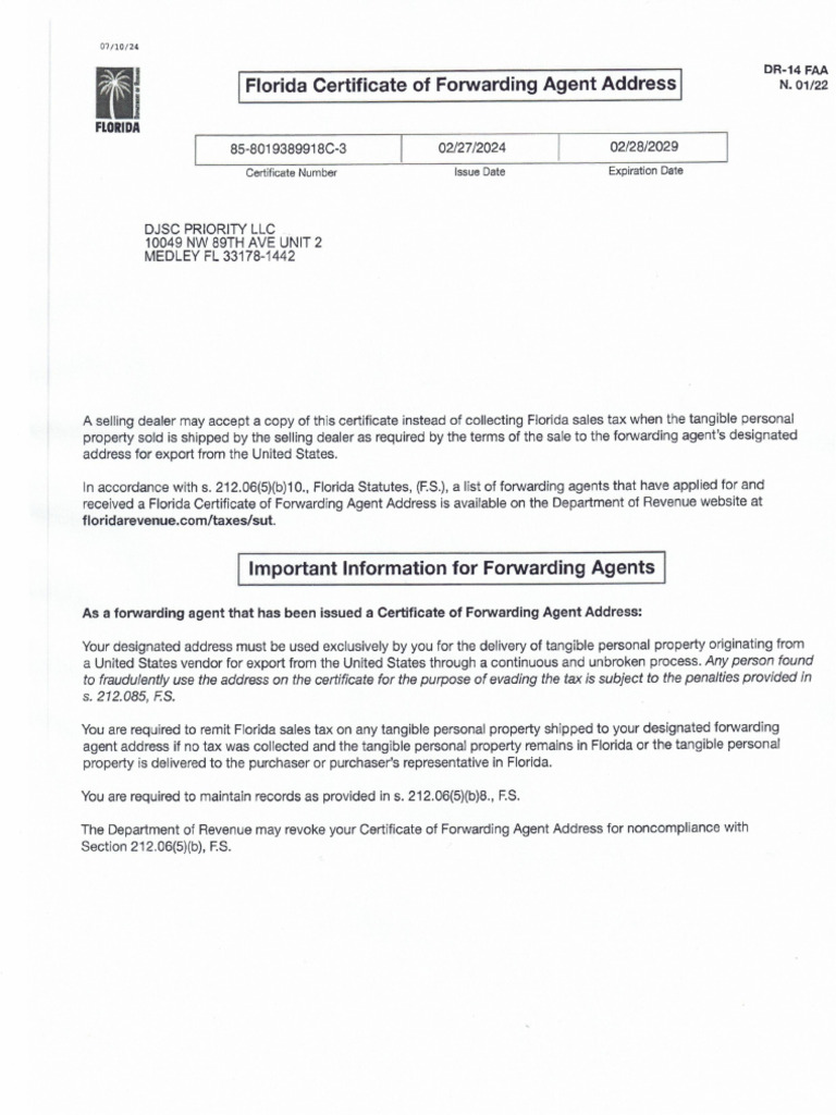 Florida Certificate of Forwarding Agent Address Amended 7-10-24 | PDF