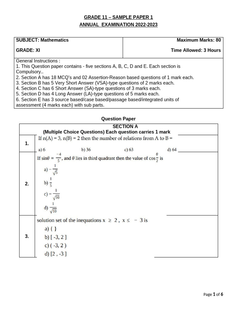 Class 11 Mathematics Sample Paper 2024-25 | PDF | Multiple Choice ...