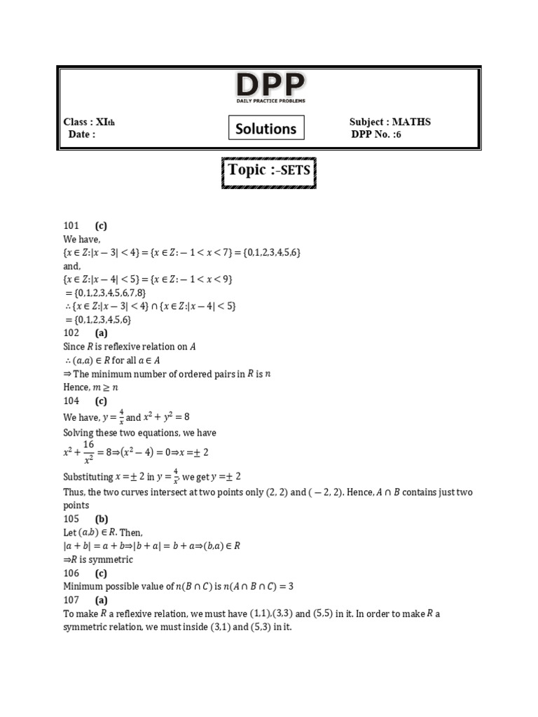 XI Maths DPP 6 Solutions and Answers | PDF