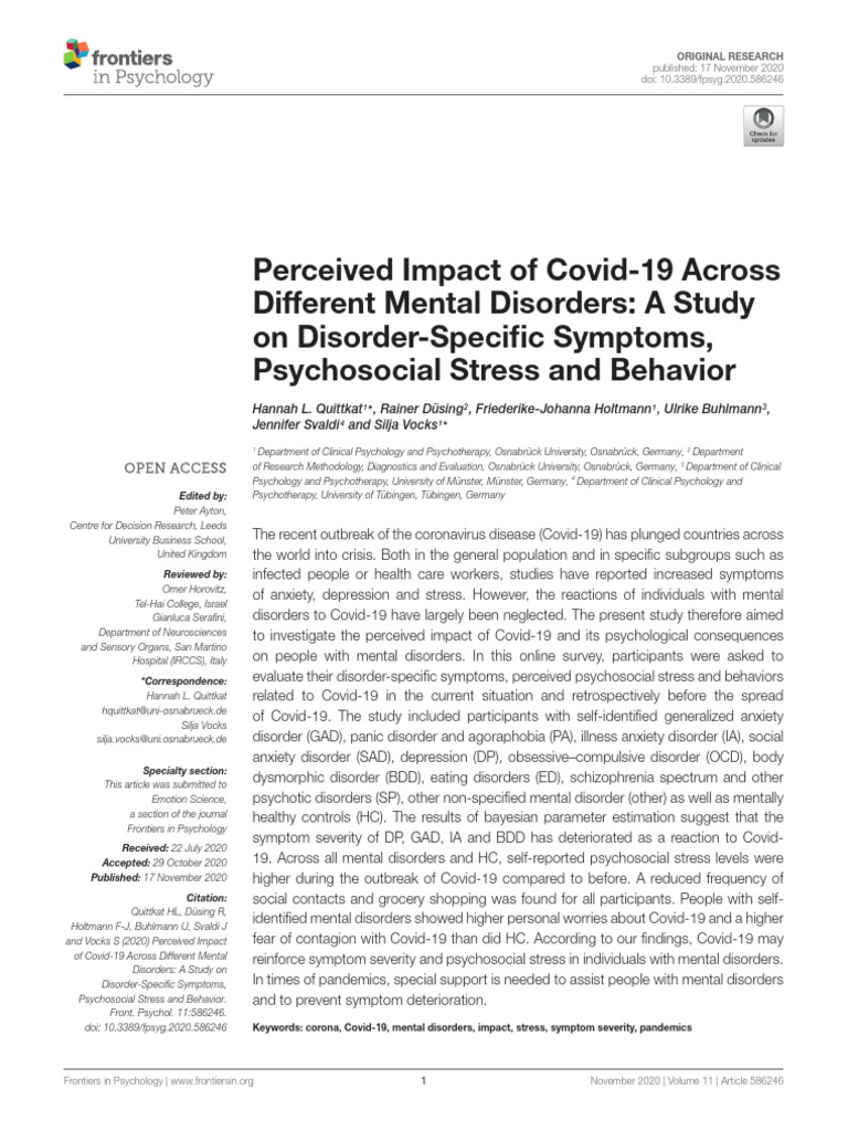 Covid-19's Impact on Mental Disorders | PDF | Mental Disorder | Anxiety