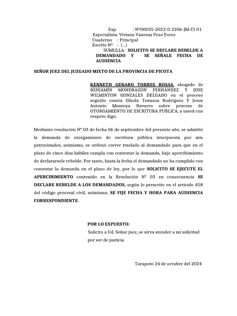 Solicitud de Declaración de Rebelde en Proceso Civil | PDF