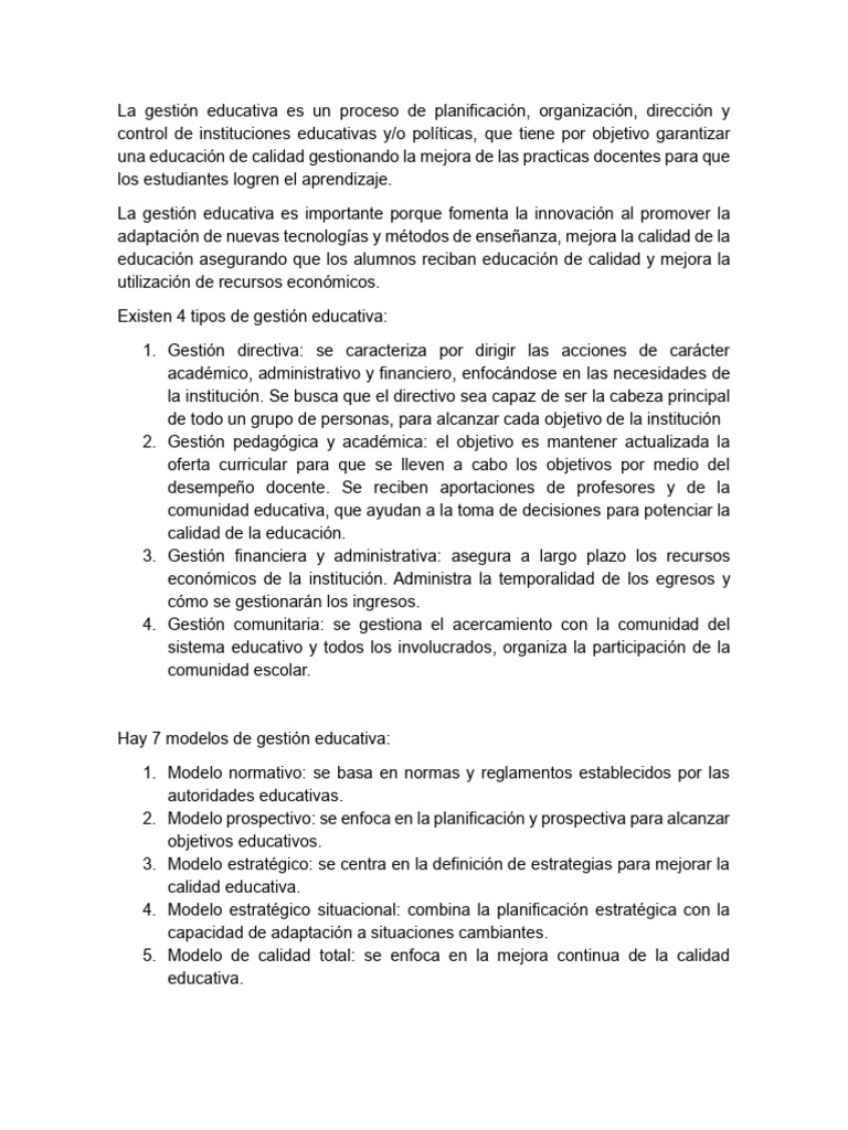 Tipos y Modelos de Gestión Educativa | PDF | Maestros | Planificación