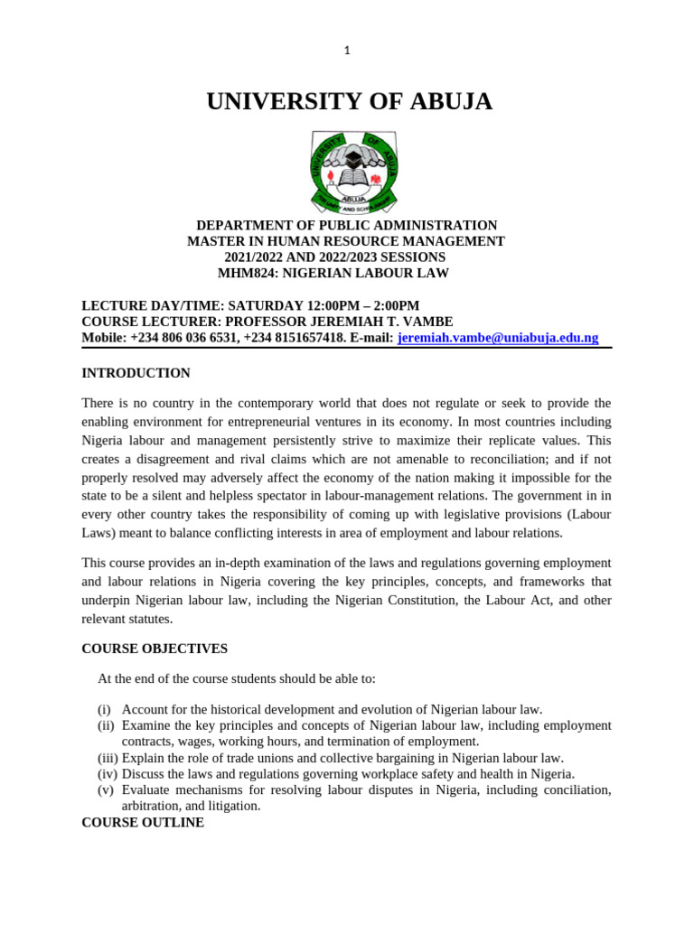Nigerian Labour Law Course Overview | PDF | Labour Law | Employment