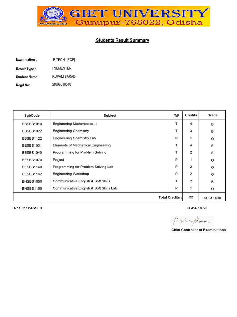 B.Tech ECE Student Result Summary | PDF | Engineering | Electronic ...