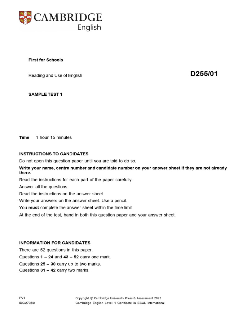 B2 First For Schools Sample Paper 1 RUE 2022 | PDF | Bus