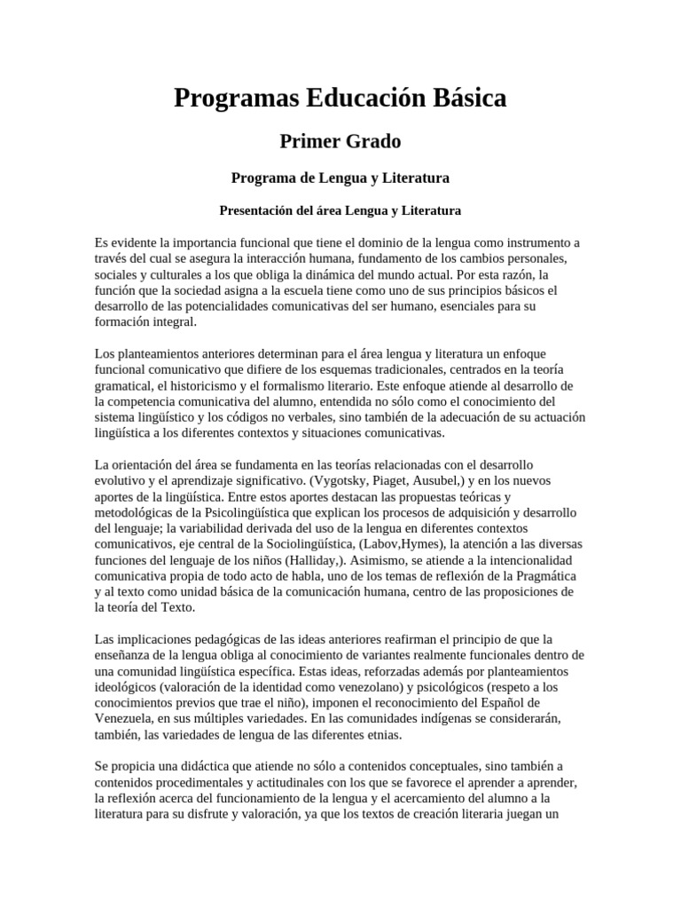 Programa de Lengua y Literatura 1° Grado | PDF | Aprendizaje | Palabra