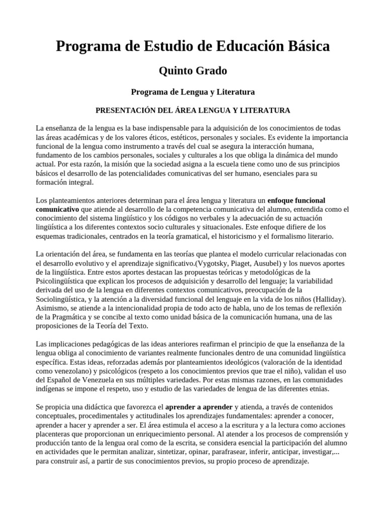 Programa de Lengua y Literatura 5° Grado | PDF | Aprendizaje | Lingüística
