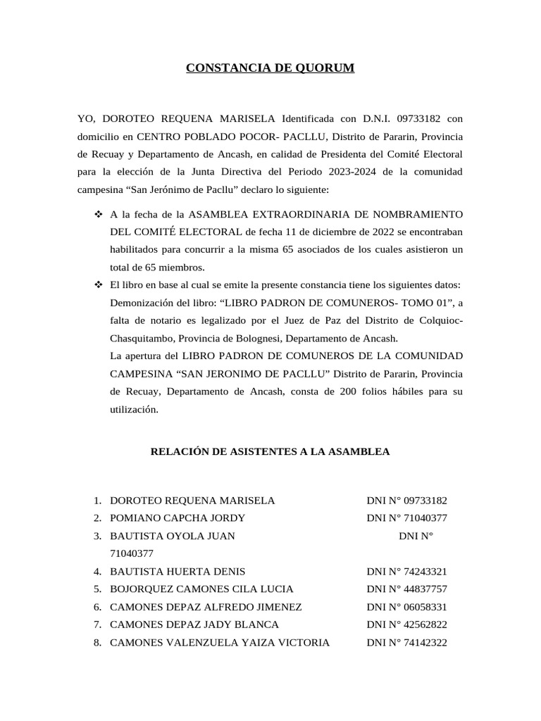 Doroteo Requena Marisela - Modelo de Constancia de Quorum | PDF ...