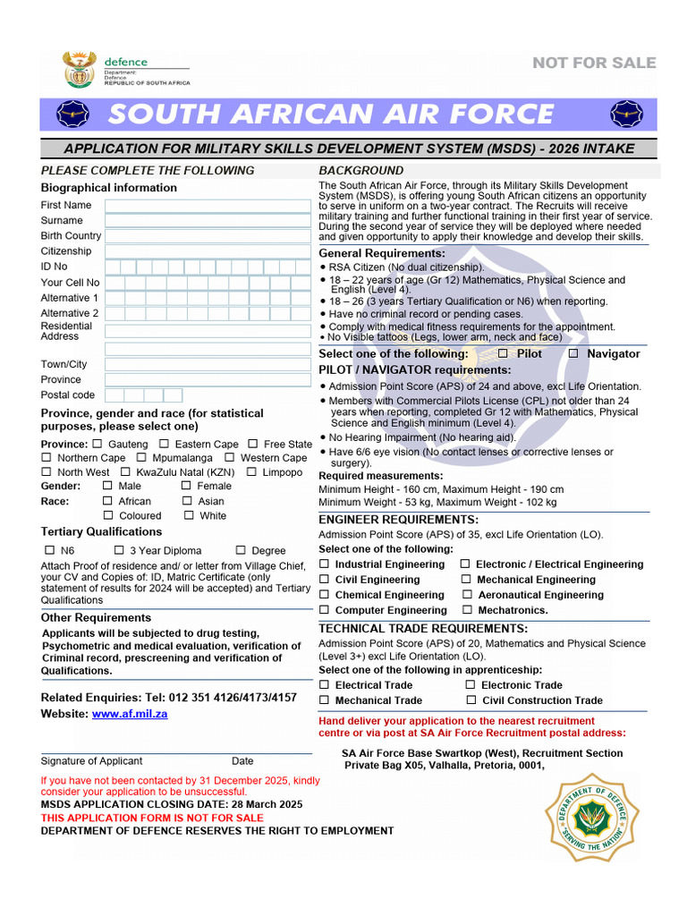 SA Air Force MSDS Application 2026 | PDF | Engineering