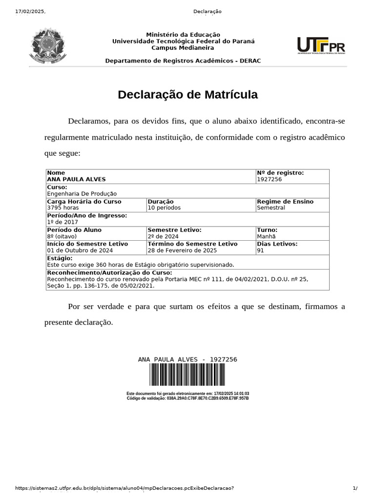 Declaração de Matrícula - UTFPR | PDF