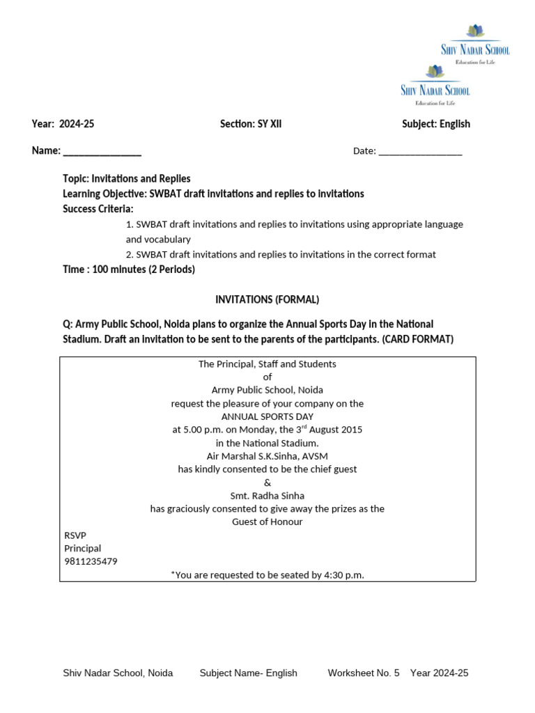 Invitation Writing Worksheet Grade 5 | PDF