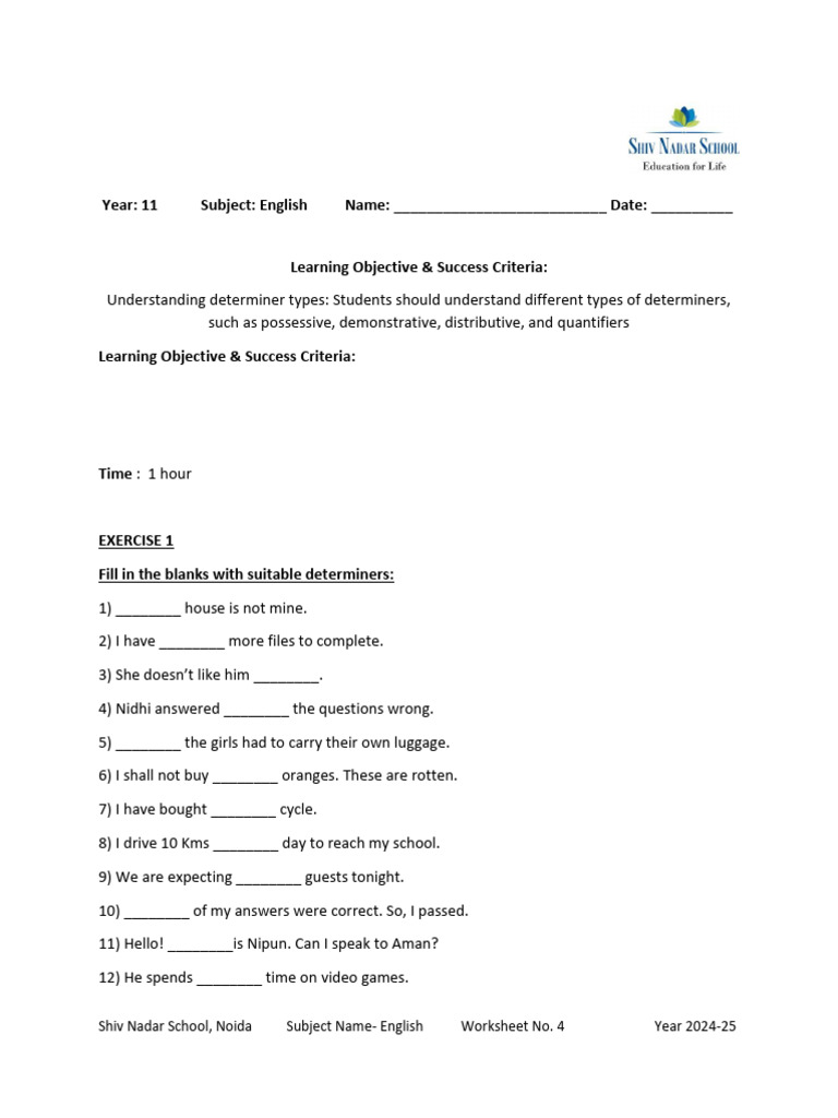 Class 11 Determiners Worksheet with Answers | PDF