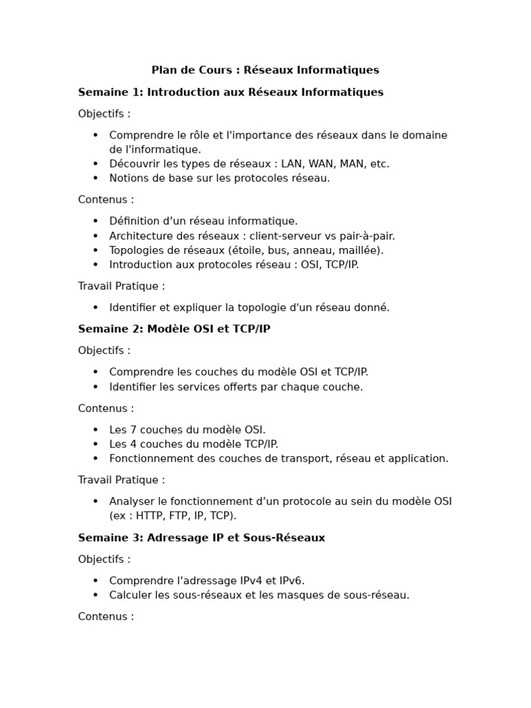 Plan de Cours en Réseaux Informatiques | PDF | Protocoles Internet ...