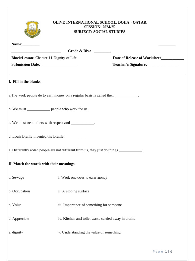 Dignity of Life Worksheet for Students | PDF