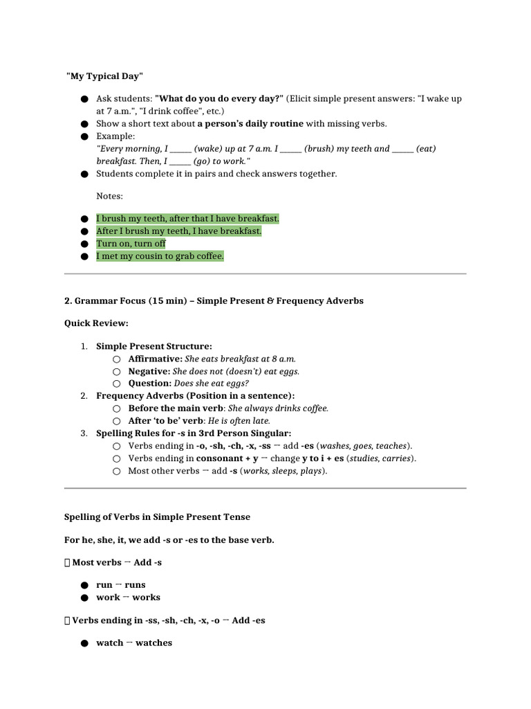 Daily Routine and Simple Present Guide | PDF | Verb | Adverb