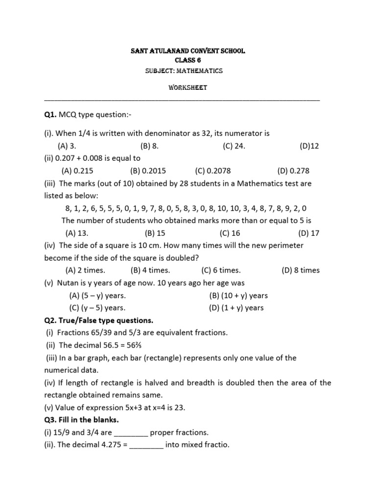 Class 6 Mathematics Worksheet | PDF | Elementary Mathematics | Numbers