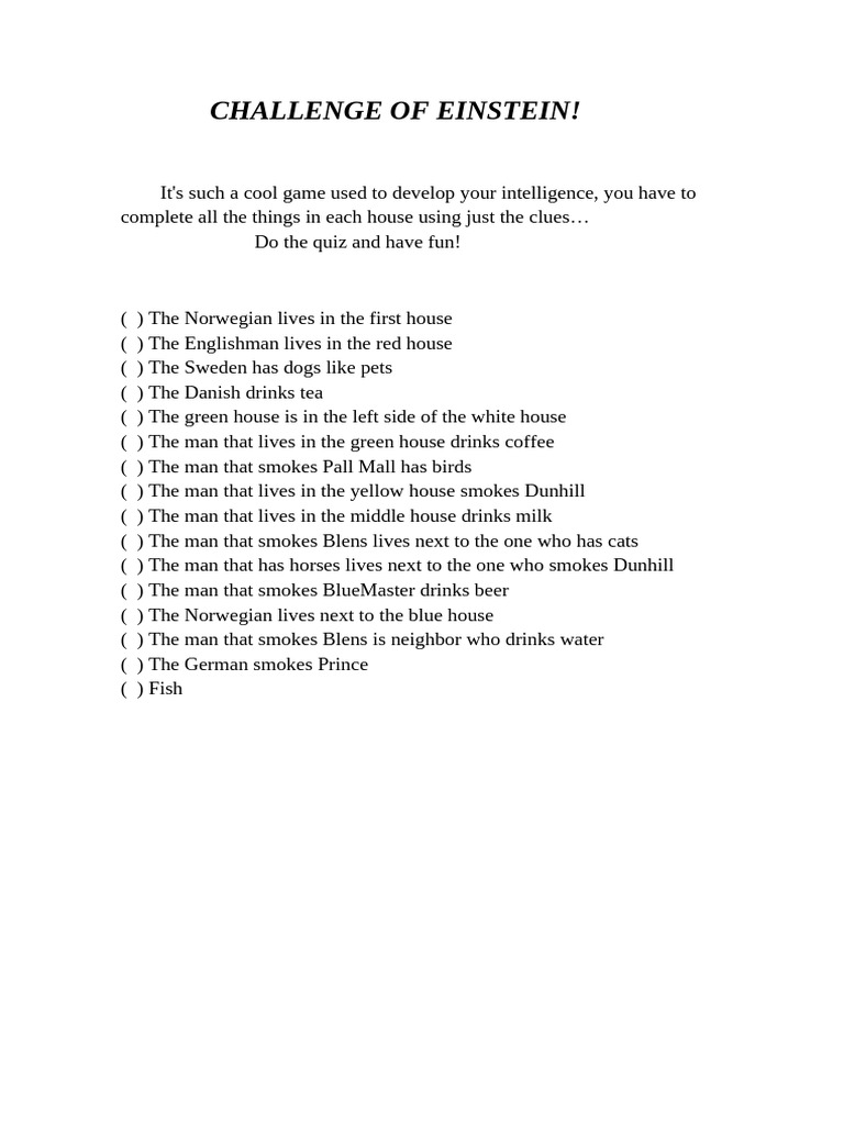 Einstein's Riddle Challenge | PDF