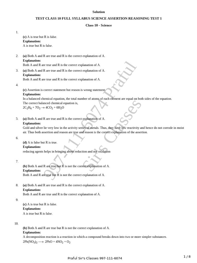 Class 10 Science Assertion Test 1 | PDF | Carbon | Acid