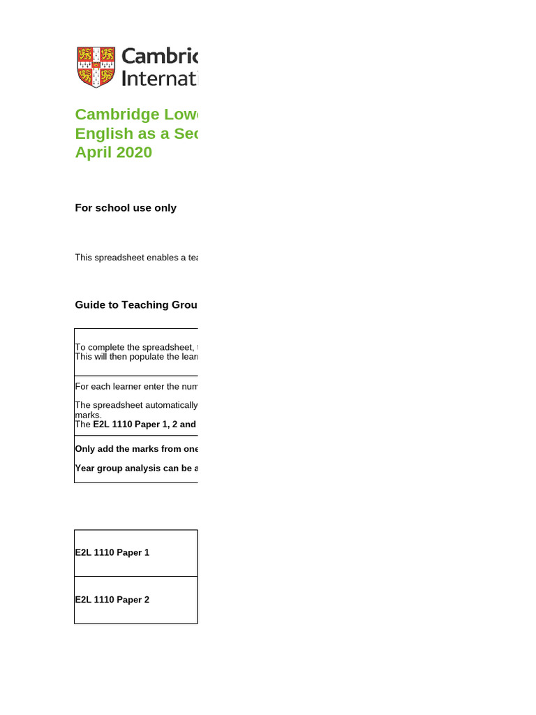 Checkpoint 2020 April Lower Secondary E2L 1110 (01-03) Spreadsheet ...