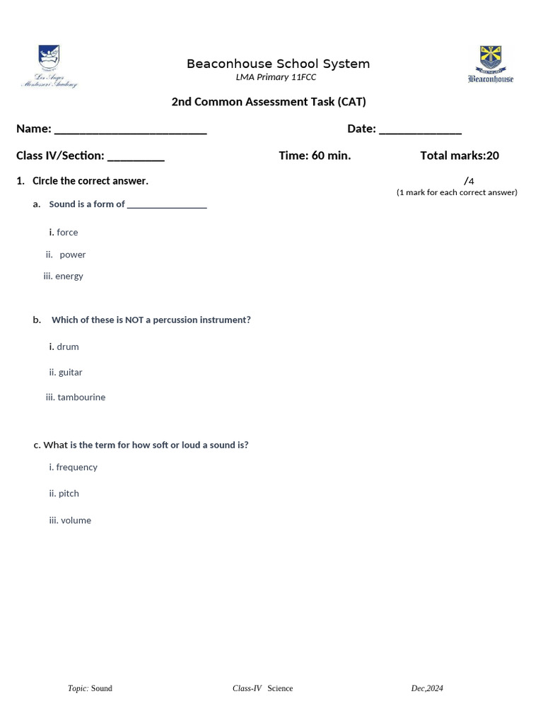 Class IV Science Assessment on Sound | PDF | Sound | Frequency