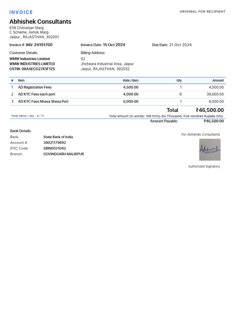 Invoice for AD Registration and KYC Fees | PDF