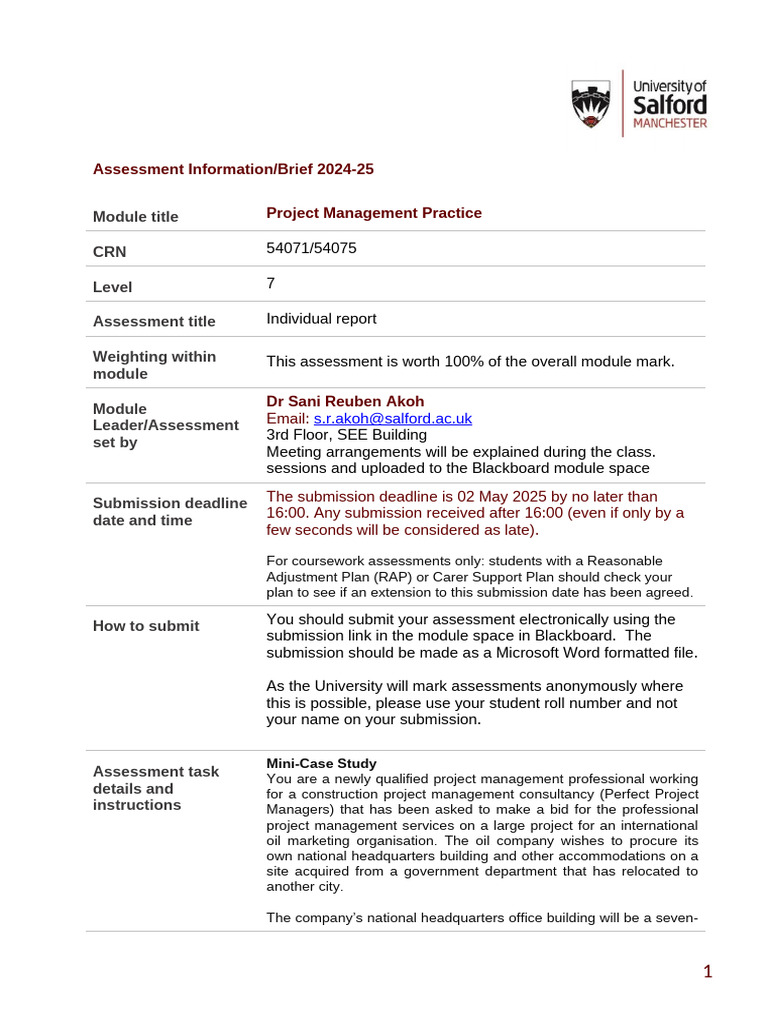 Assessment - Brief - Project Management Practice - 2024-25 | PDF ...