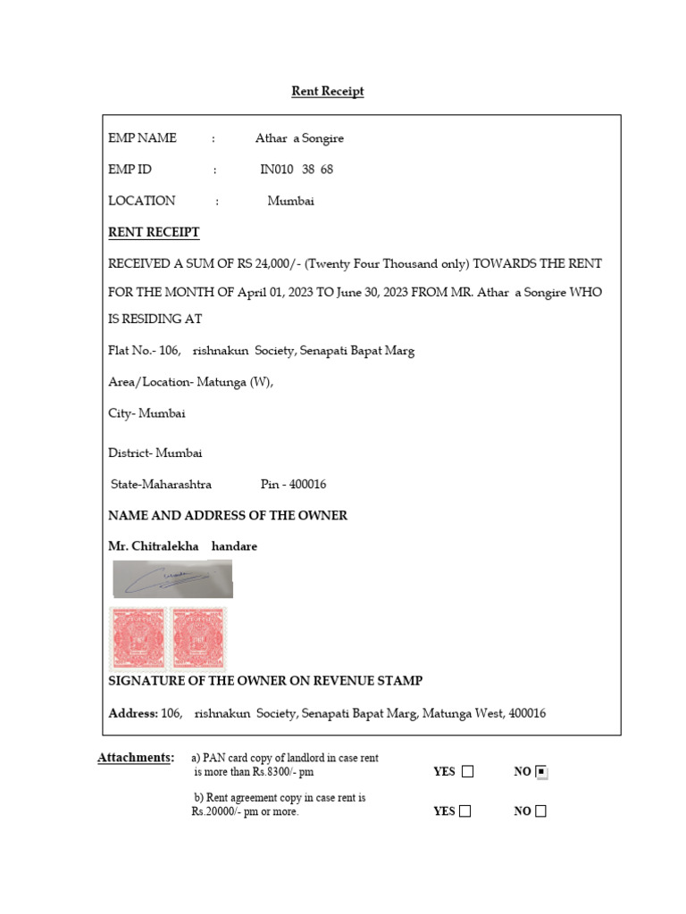 Mumbai Rent Receipt April-June 2023 | PDF