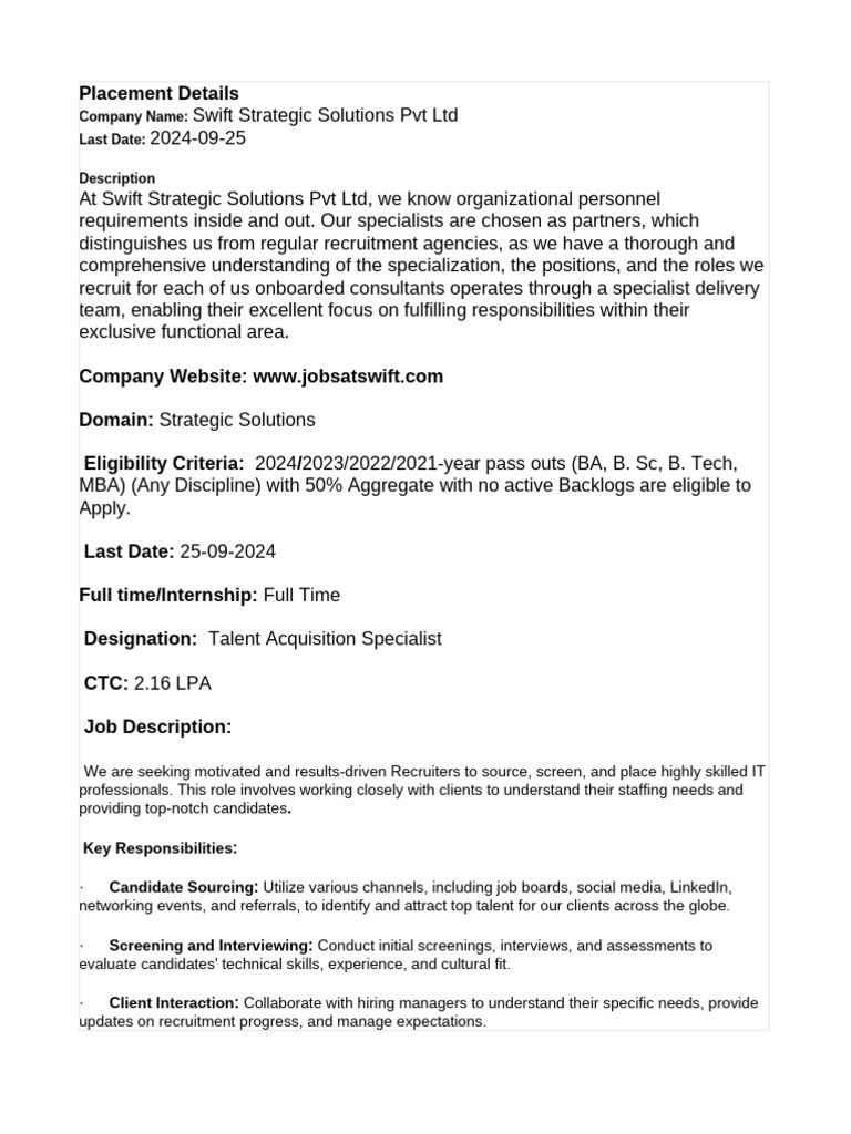 Talent Acquisition Specialist Opening at Swift | PDF | Recruitment ...