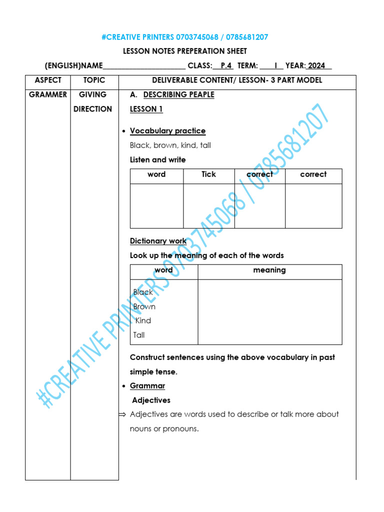 P.4 English Lesson Notes Term 1 | PDF | Plural | Grammatical Number