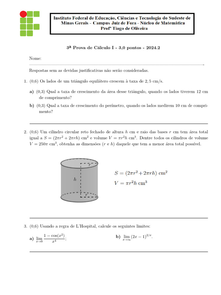 3 Prova de Cálculo 1 | PDF