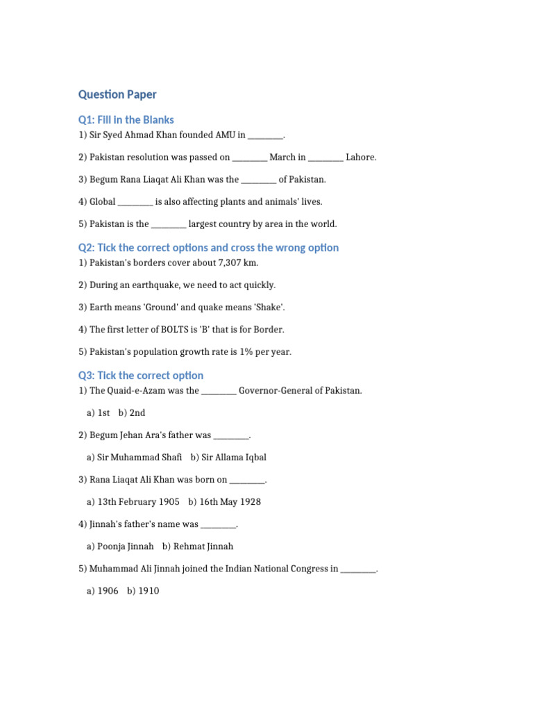 Pakistan History Quiz Questions | PDF
