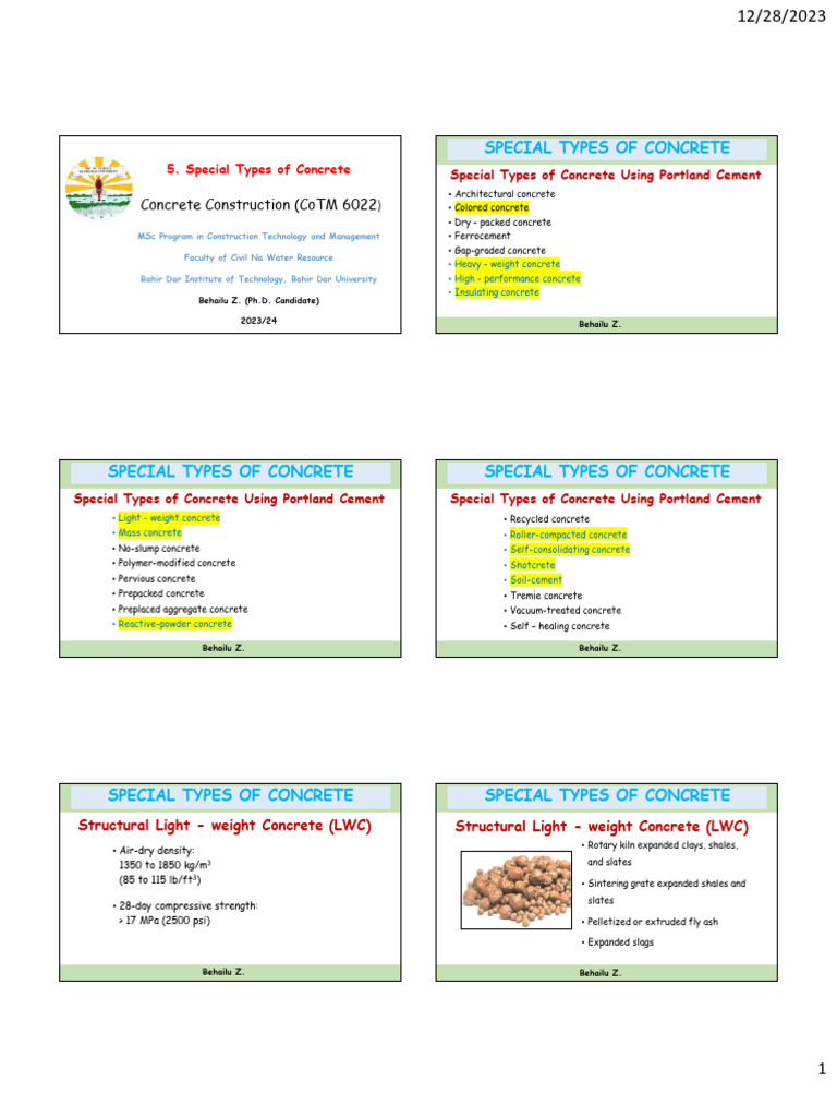 Special Types of Concrete Overview | PDF | Concrete | Structural ...