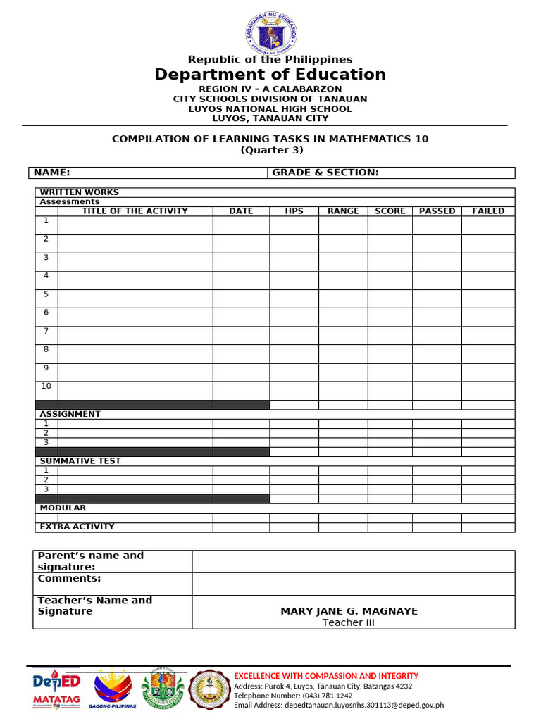 Math 10 Learning Tasks Compilation | PDF