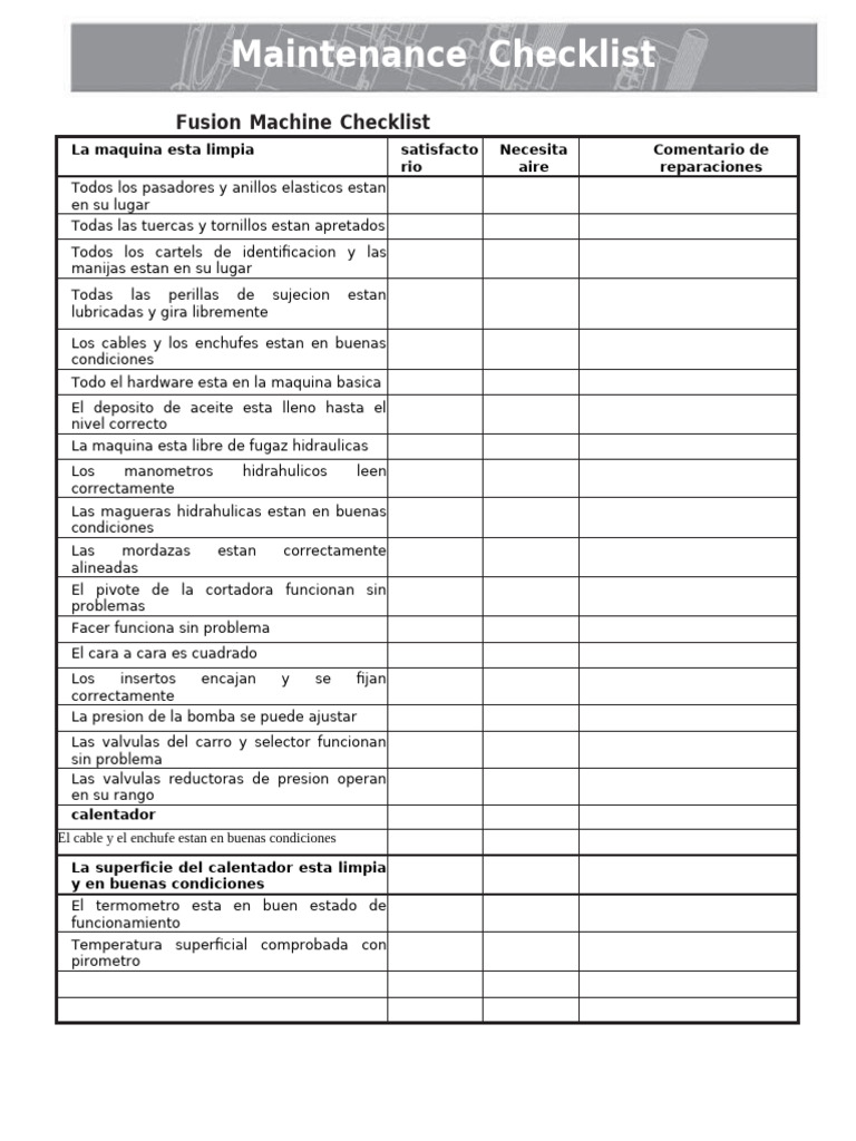 Lista de Verificación de Mantenimiento de Maquinaria | PDF
