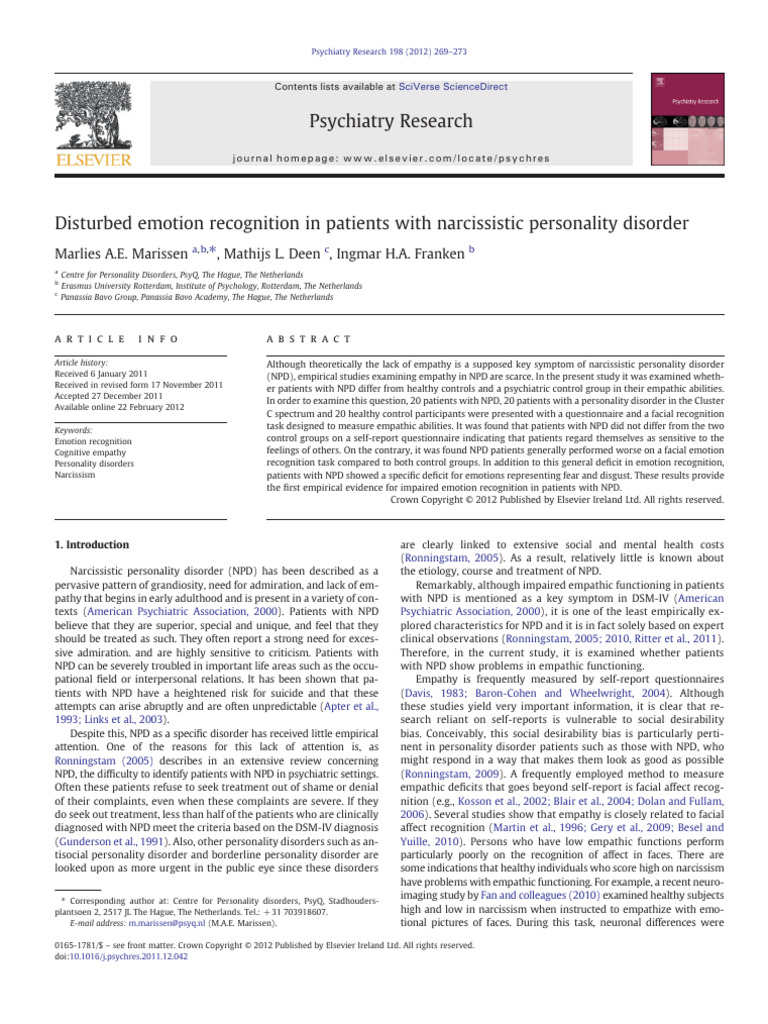 Disturbed Emotion Recognition in Patients With NPD | PDF | Empathy ...