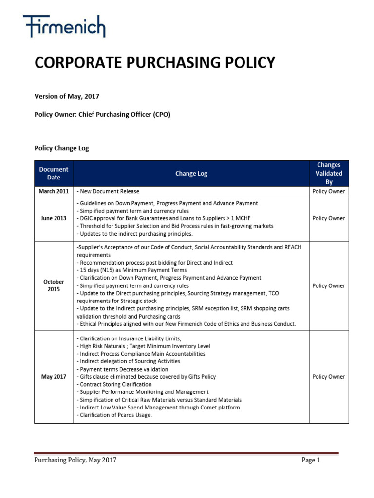 Firmenich Purchasing Policy Overview | PDF | Procurement | Insurance