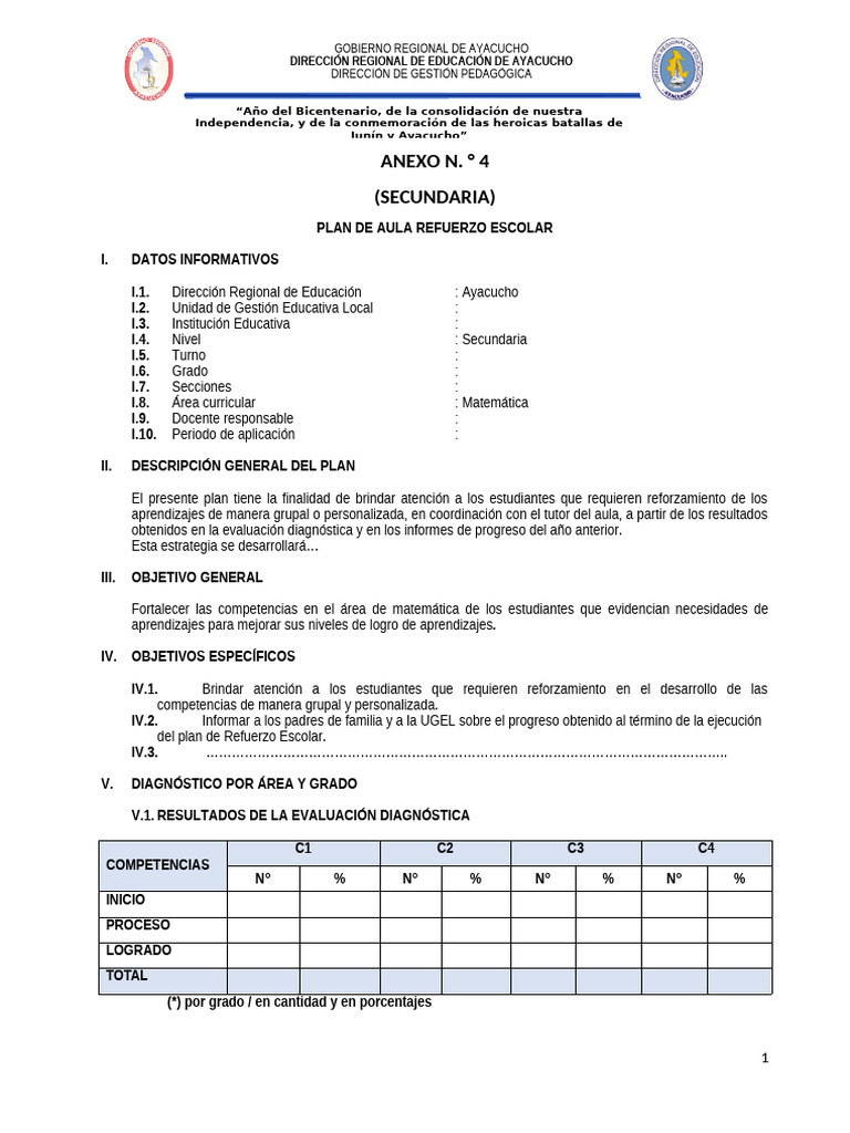 Plan de Aula para Refuerzo Escolar en Matemáticas | PDF | Evaluación ...