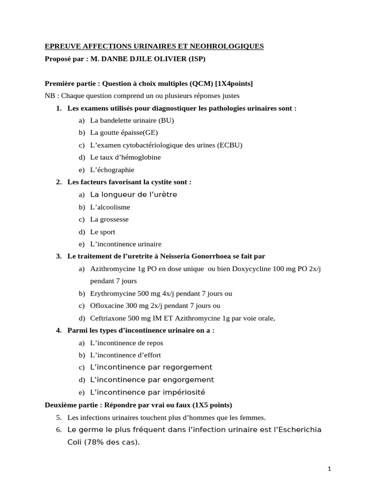 QCM et QROC sur affections urinaires | PDF | Infection urinaire ...