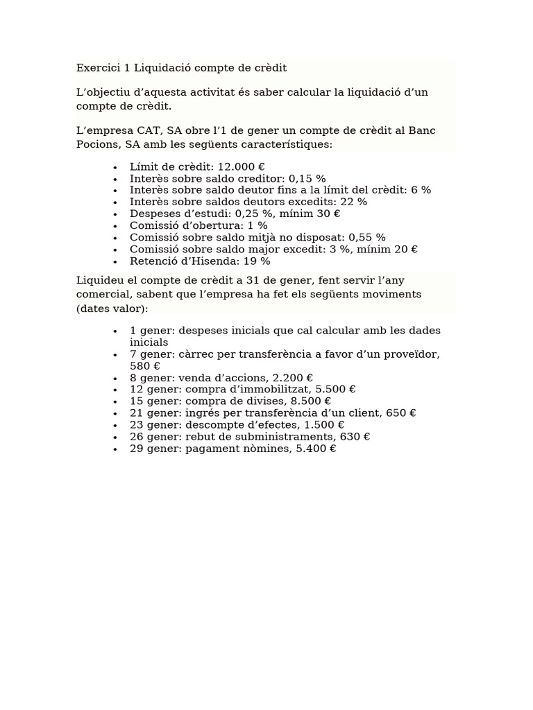 Activitat 6 Liquidació Compte de Crèdit | PDF