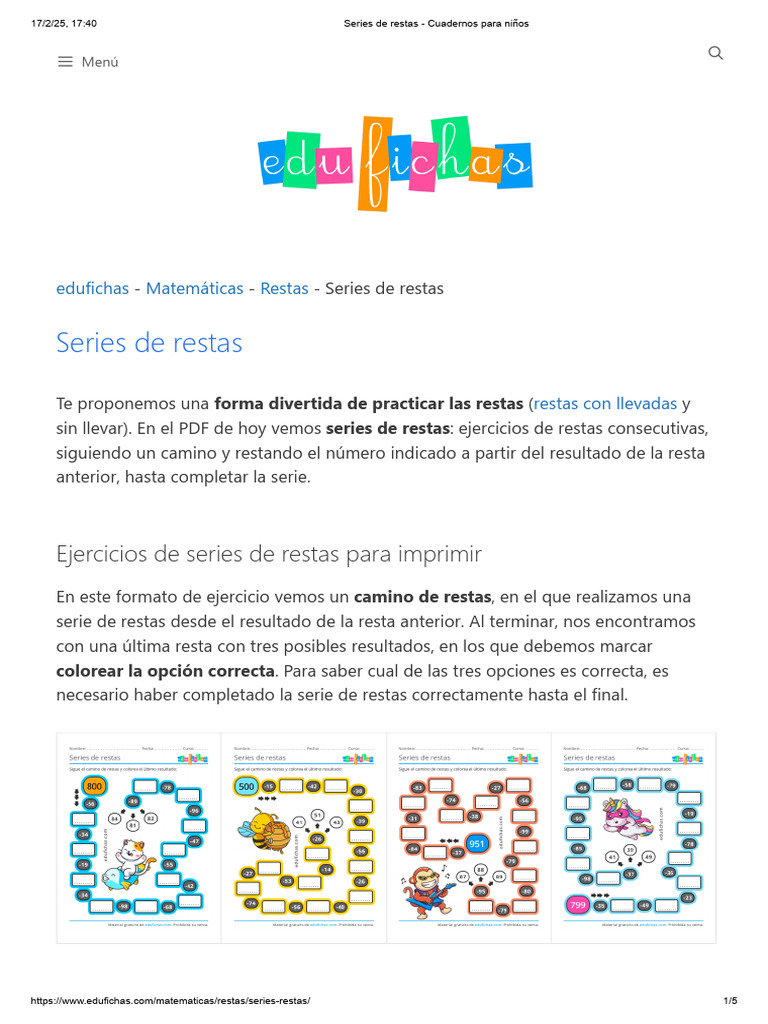 Series de Restas para Niños | PDF