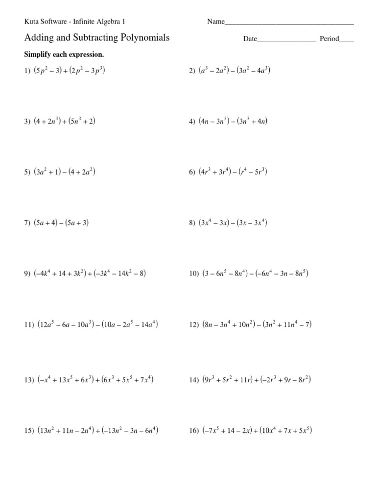 Adding and Subtracting Polynomials Worksheet | PDF