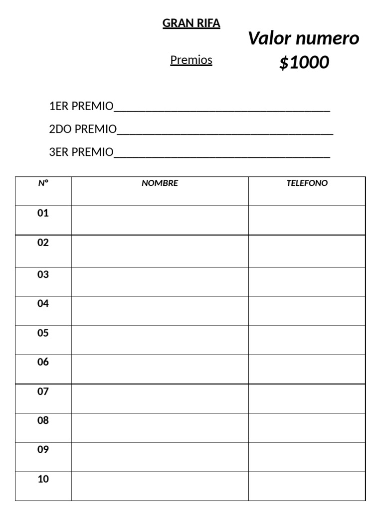 Rifa con Premios de $1000 | PDF