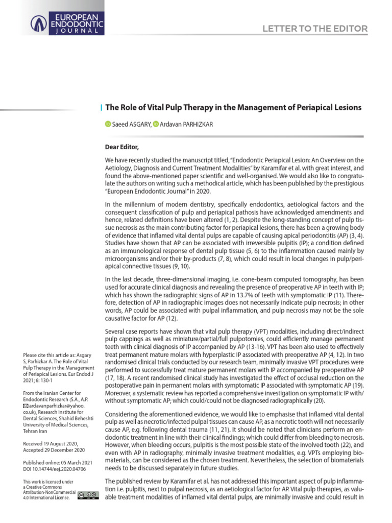 Vital Pulp Therapy for Periapical Lesions | PDF | Dentistry Branches ...