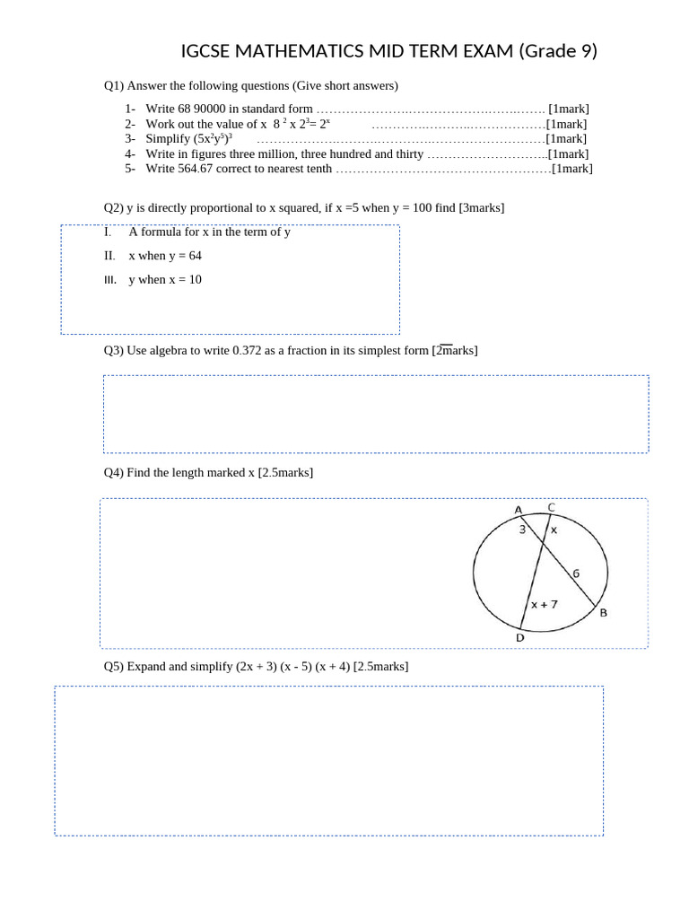 IGCSE Grade 9 Math Mid-Term Exam | PDF