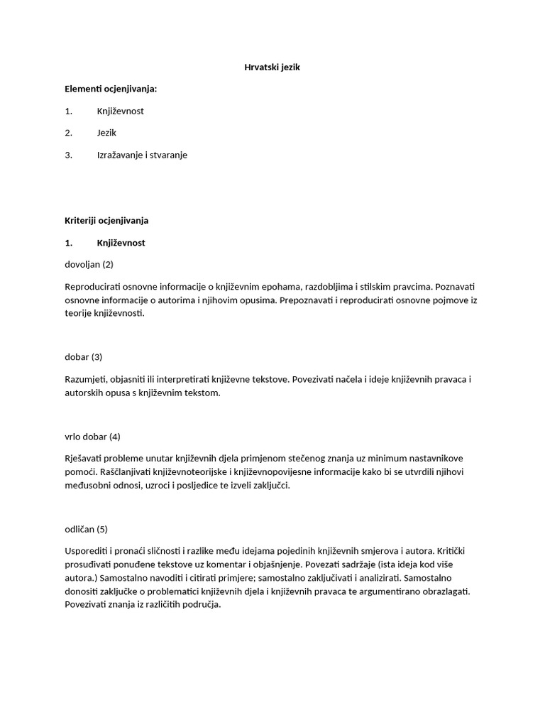 ELEMENTI I KRITERIJI OCJENJIVANJA Hrvatski Jezik | PDF