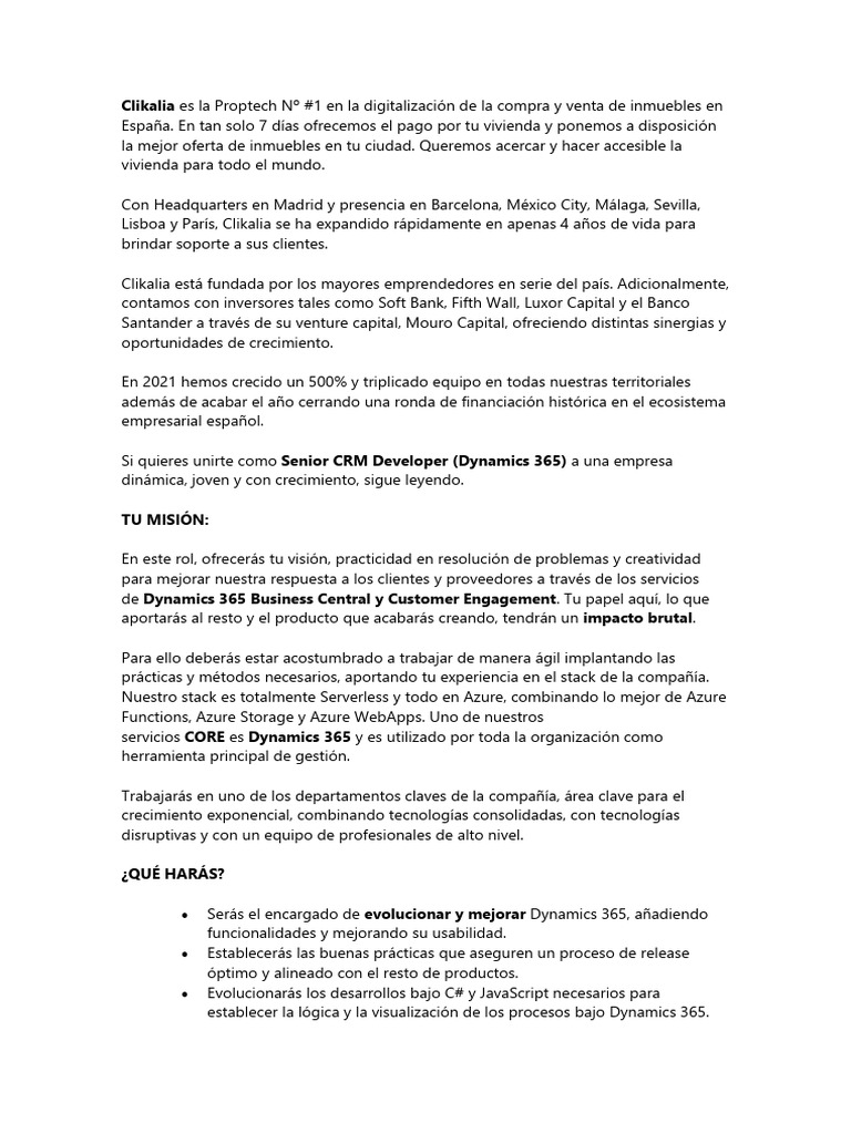 Oferta Trabajo para Desarrollador Dynamics 365 | PDF | Microsoft ...